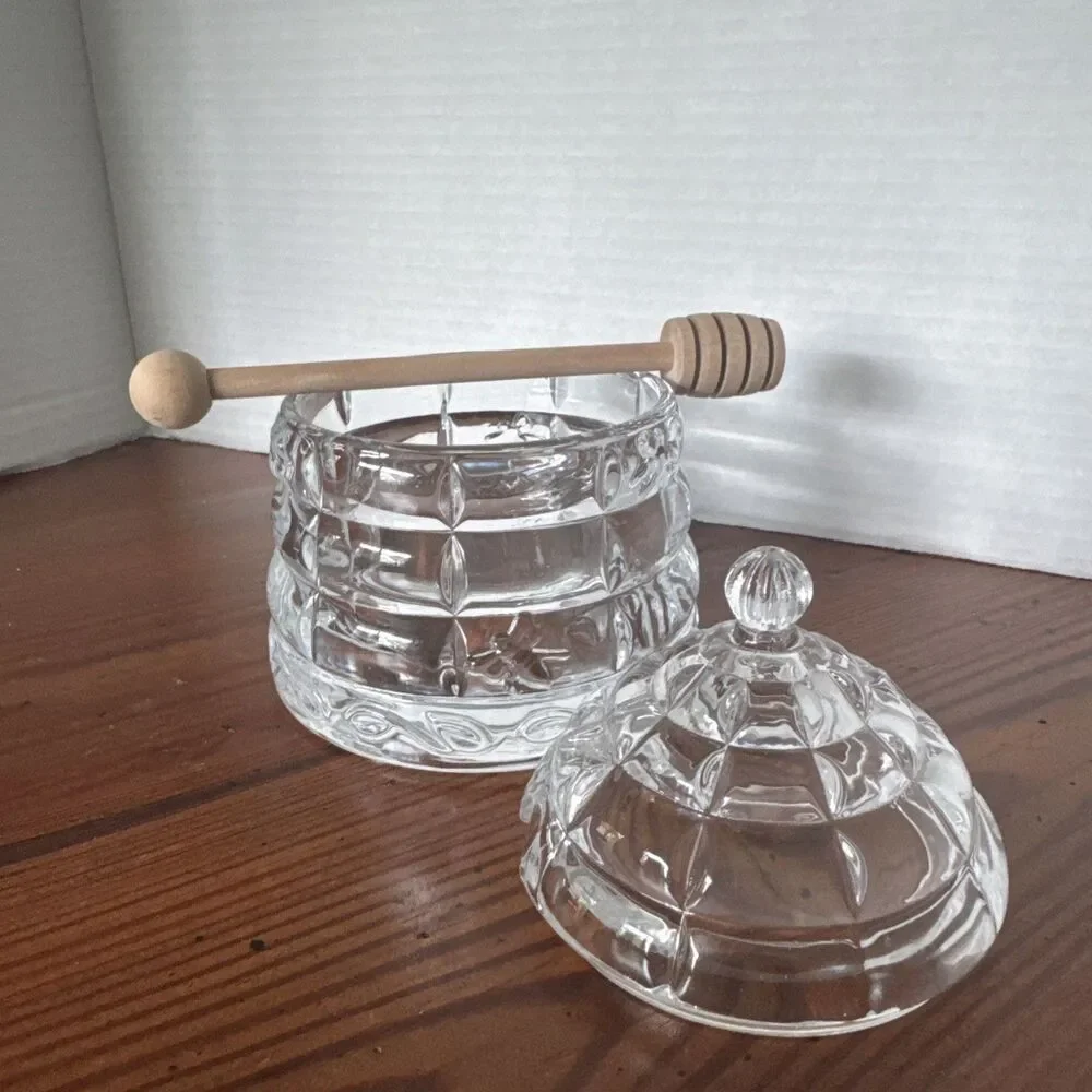 Beehive Crystal Honey  Storage Serving Glass Jar Dispenser with Wooden Dipper